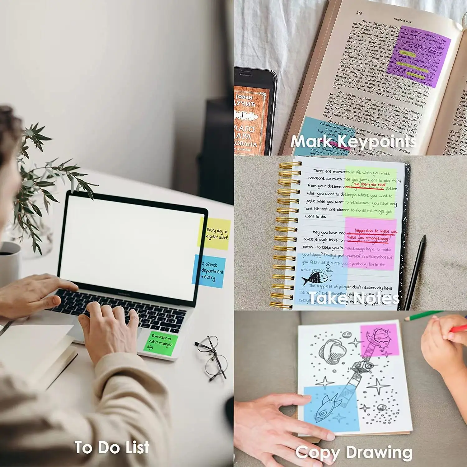 250 Sheets Transparent Sticky Notes+Sticky Index Tabs, Self-Sticky Annotation, Waterproof Translucent Color Memo Pad for Books