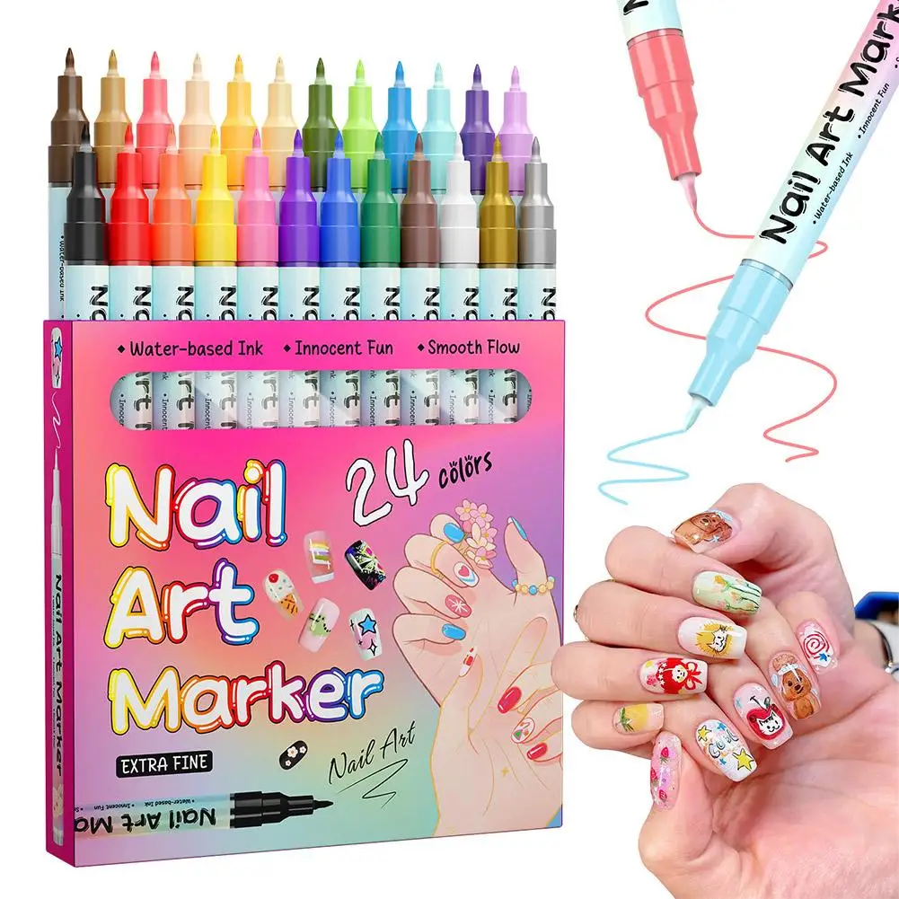 12/24 Color Nail Art Pens 0.5mm,Waterproof Quick-Drying Nail Polish Pen Set, 3D Drawing Point Liner for DIY Nail  Art Decoration