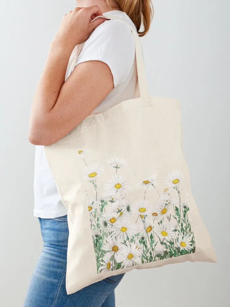 

hand painted white margaret daisy horizontal watercolor painting Tote Bag tote bag men Women bags shopping bags foldable