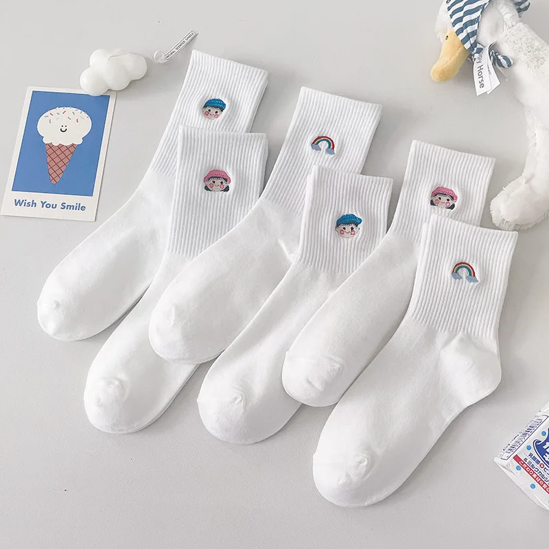 Ins White Socks Embroidered Mid-tube Rainbow Summer Thin Cotton Student Middle And Long Spring And Autumn Sports