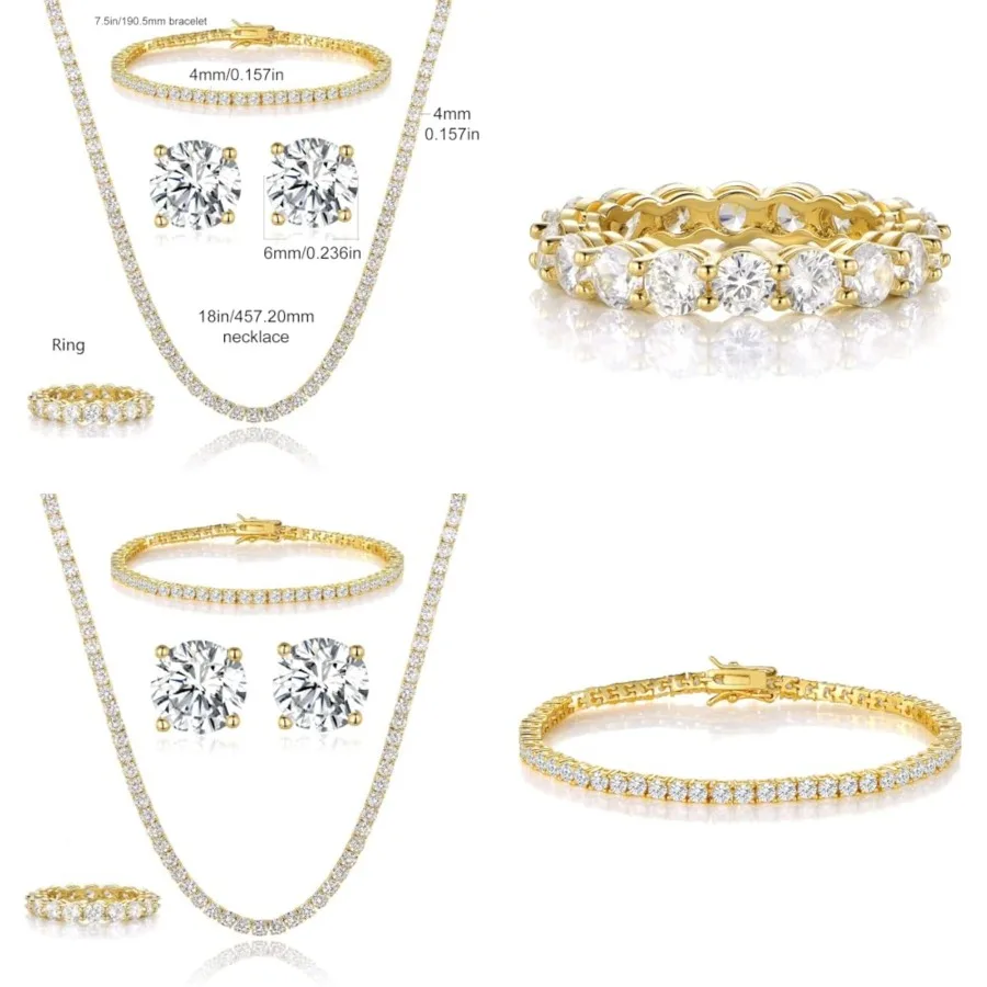 

Gemsme 18K Gold Plated Tennis Necklace/Bracelet/Earrings/Band Ring Sets Hypoallergenic Jewelry Pack of 4