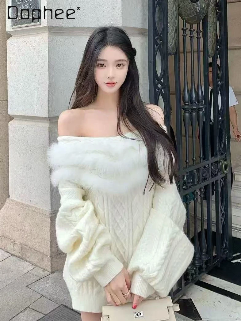 

Осень-зима, элитный плюшевый свободный элегантный вязаный свитер с открытыми плечами, корейский Ins, милые свободные свитера средней длины