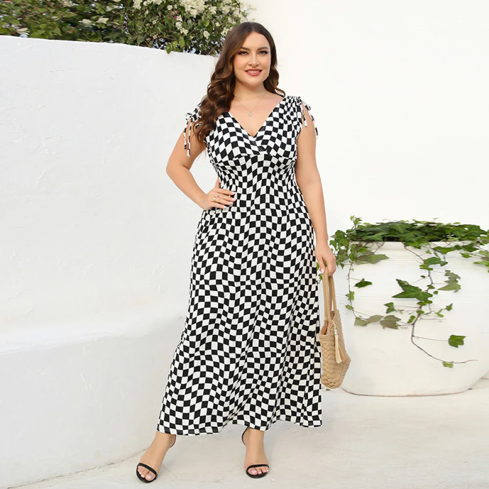 Plus Size Temperament Dress New Summer Sleeveless Fashion V-Neck Graceful Shepherd Check Plaid Printed Sexy Slim Clothes S-5XL