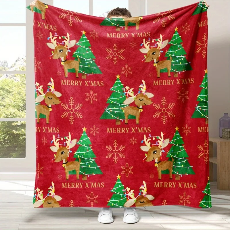 Christmas Tree Cute Deer Flannel Blanket Gift Blanket for Adults Soft and Cozy Blanket Warm Gift Camping and Travel Blankets