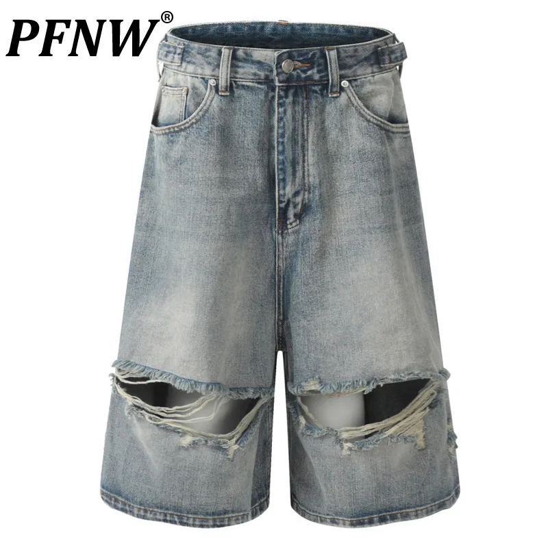 PFNW American Big Hole Denim Shorts Male High Street Loose Casual Wide Leg Solid Color Trousers 2025 Summer Chic Trendy 28W4033