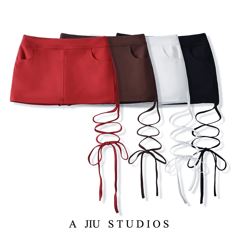 

Pure Red Bodycon Skirt Women's Summer Sexy Strap Low Waist Tight Slimming Prevent Exposure f-length Skirt