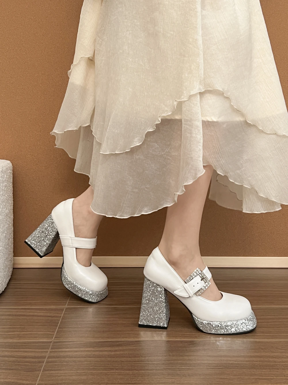 

Elegant Women Platform Pumps Super High Chunky Heels Glitter Silver Gold Party Wedding Lady Office Dress Ankle Strap Mary Janes