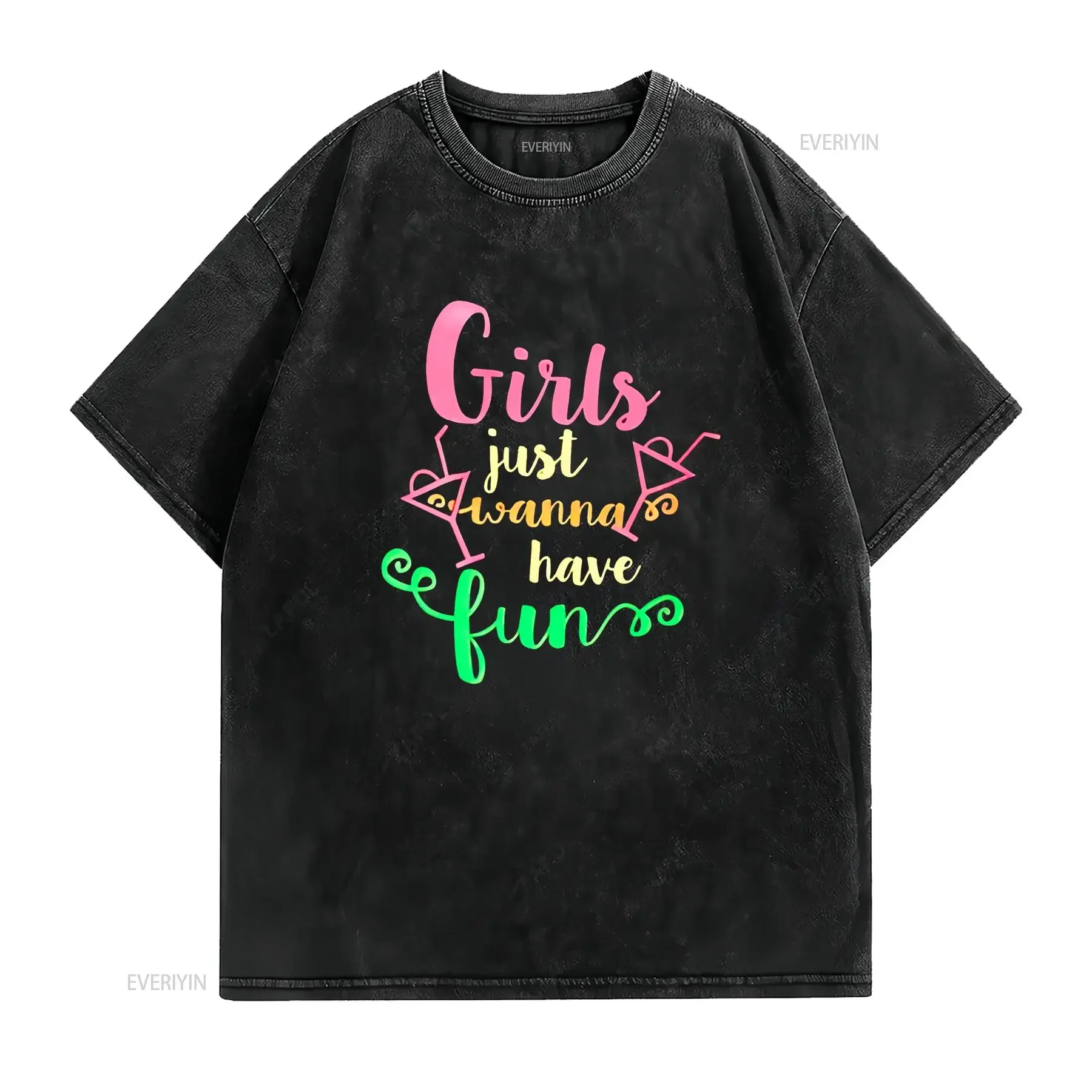 تي شيرت نسائي نيون 80 بنات Just Wanna Have Fun طباعة ملابس علوية غير رسمية أسود 2X كبير عتيق مغسول ملابس الشارع قابلة للتنفس أوم