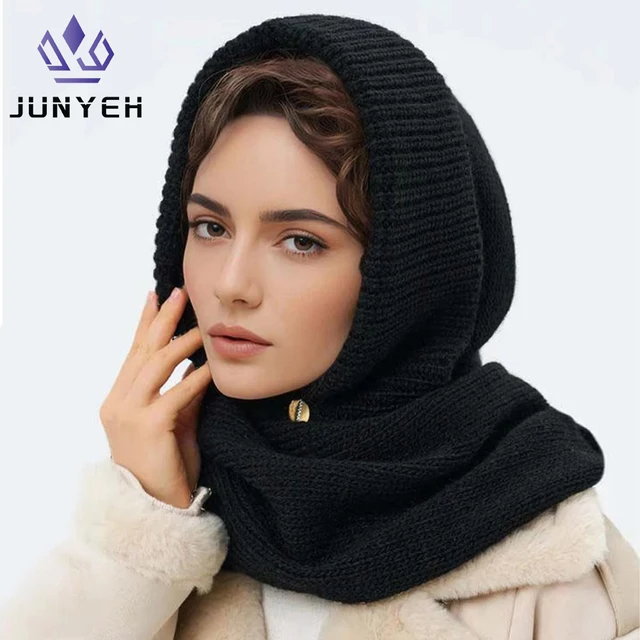 Winter Women Beanies Balaclava Hat Scarf Knitted Hooded Caps Outdoor Warm One-Piece Neck Collar Hats for Girls