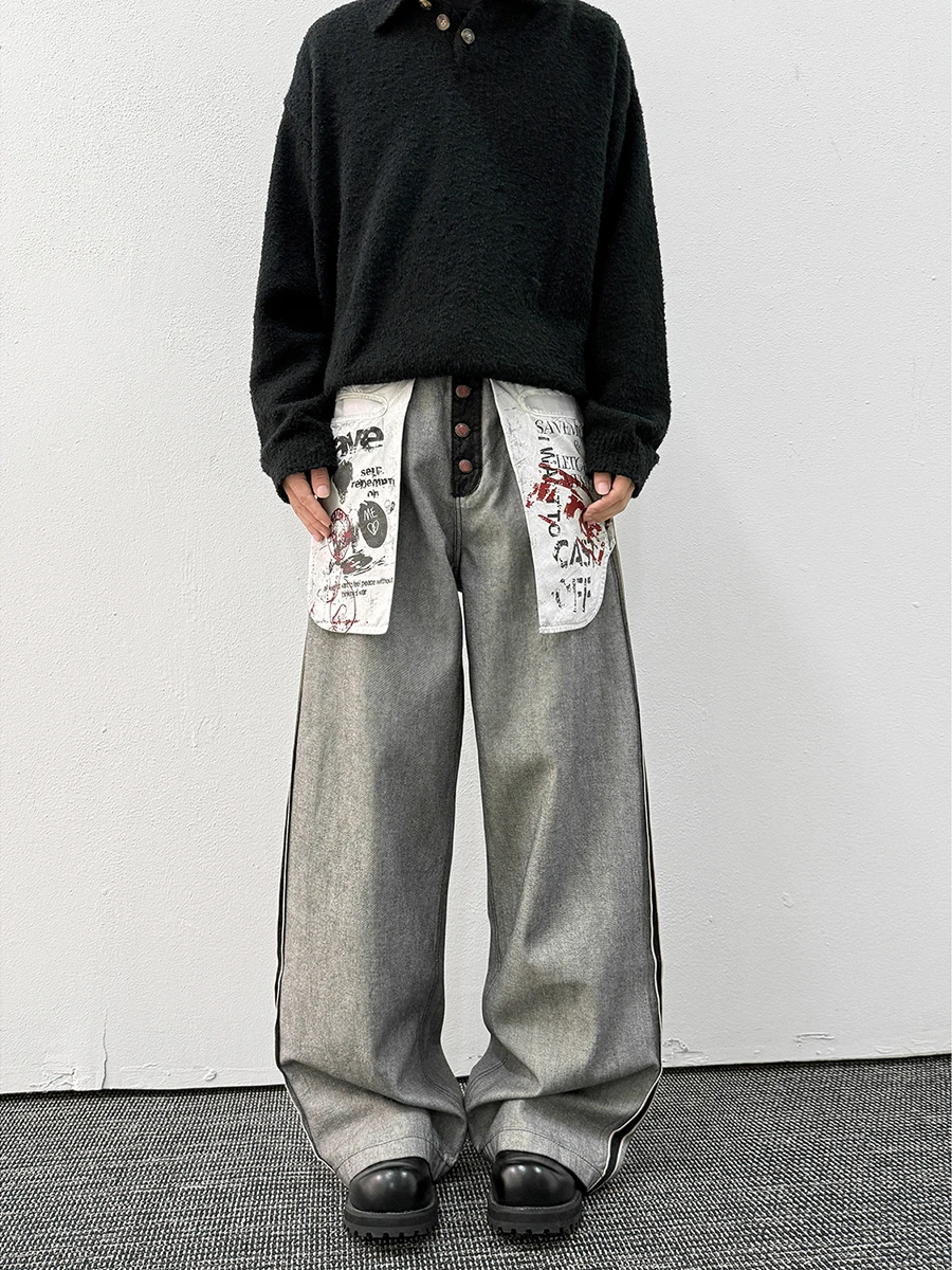 

Мужские джинсы American Waed с большими карманами, прямые, широкие, длинные брюки, модный брендовый стиль, повседневные, свободного кроя, на все сезоны