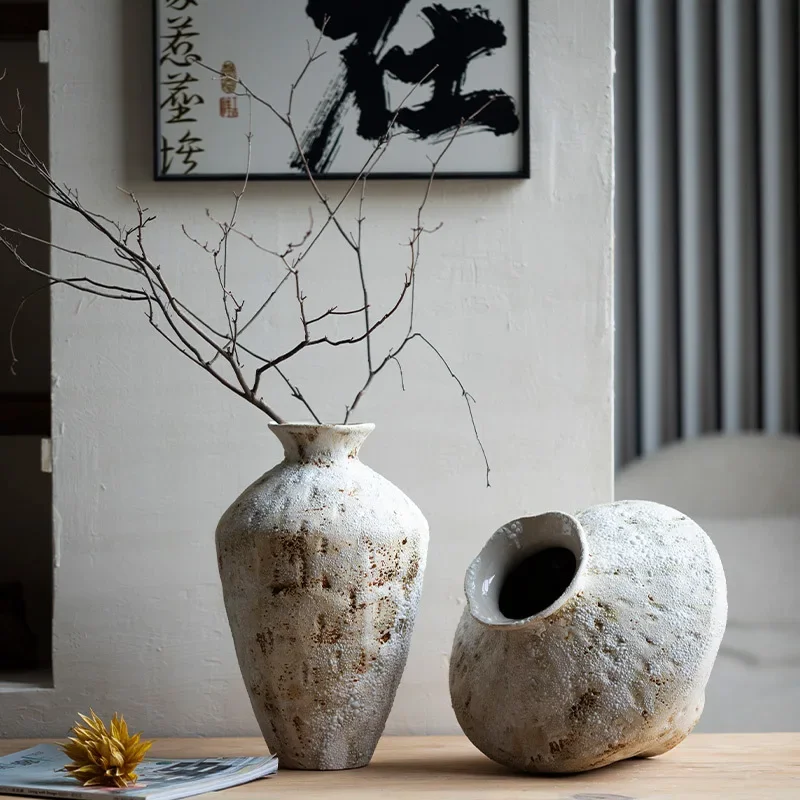 Retro Ceramic Vase New Chinese Style Wabi-sabi Wind Home Living Room Decoration Dried Flower Coarse Pottery Flower Utensil