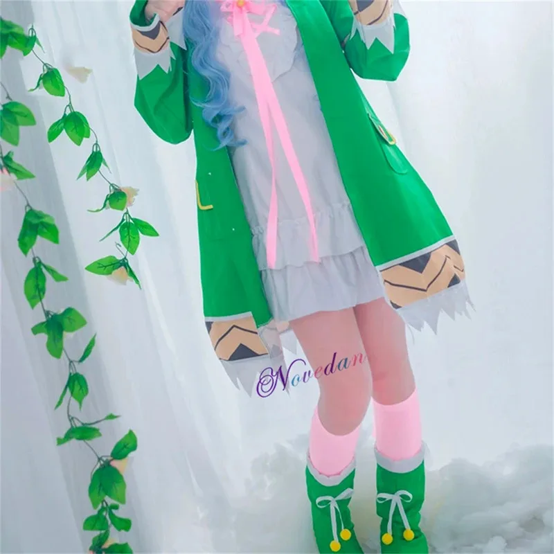 lili 123Anime Date A Live Himekawa Yoshino Cosplay Wig Green Women Girls Hooded Coat White Dress Halloween Costume