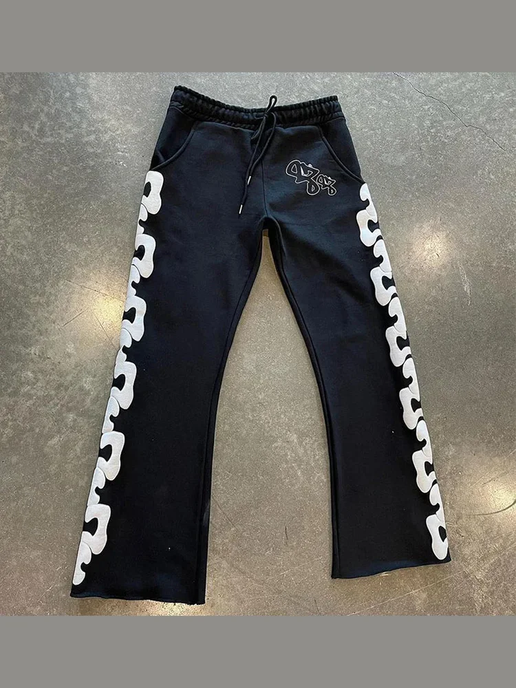 سراويل هاراجوكو فضفاضة غير رسمية واسعة الساق للركض الهيب هوب 2024 سراويل مستقيمة Y2k سراويل جرس مطبوعة للشارع للرجال