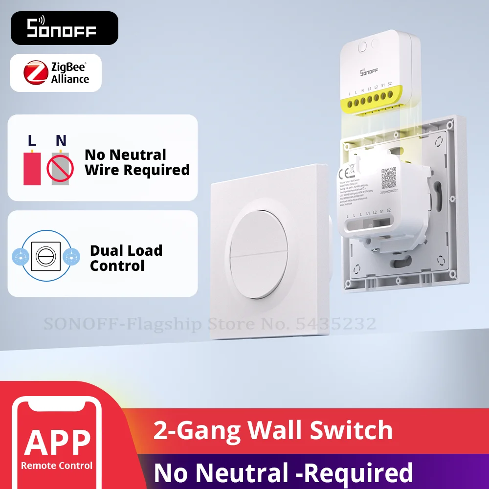 SONOFF MINI-ZB2GS-L-E Zigbee Double Smart Wall Switch Orb-ZBW2L No Neutral Wire Required Dual Channel Control Via Matter Bridge