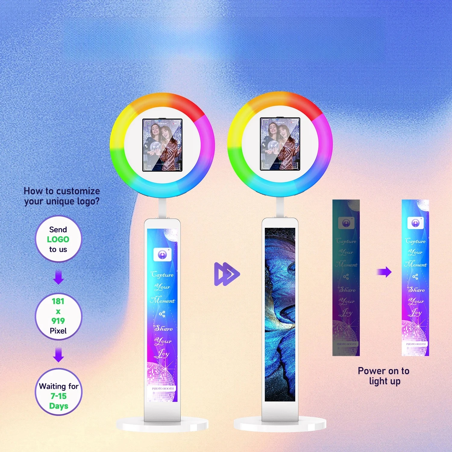 Cabina de fotos para iPad, máquina de Selfie, soporte ajustable, fotomatón para fiestas de boda, eventos, logotipo personalizado con anillo de luz LED