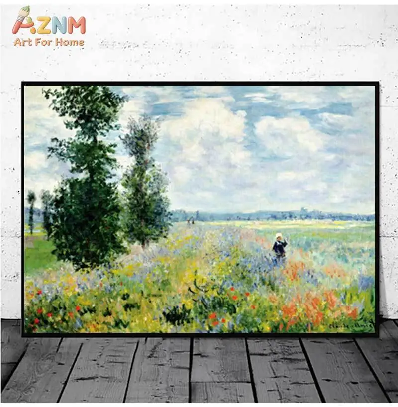 AZNM Claude Monet Impressionist Poppy Field in Spring Canvas Wall Art, Vintage Landscape Oil Painting Reproduction Print Poster,