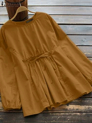 ZANZEA Vintage Loose Casual Tunic Tops Long Sleeve 2024 Fall Solid Color Women Blouses Lace Up O Neck Elastic Wasit Blusas Mujer