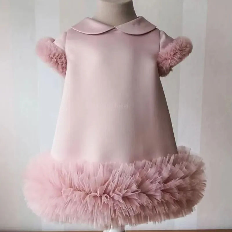 Baby Girl Princess Silk Gauze Dress Short Sleeve Infant Toddler Vestido Peter Pan Collar Party Pageant Birthday Frocks 1-12Y