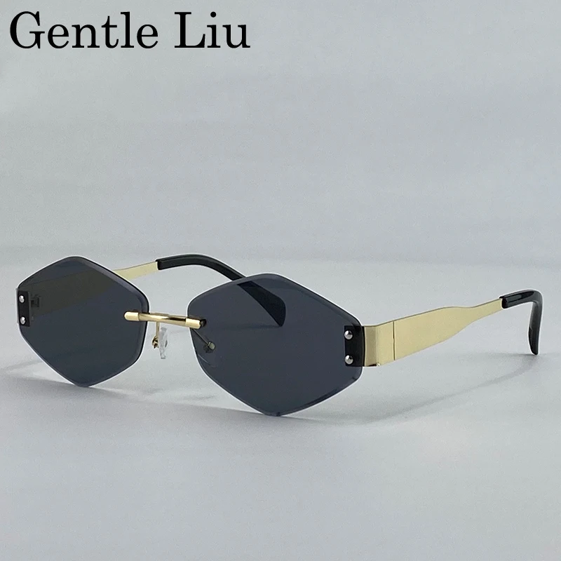 

Fashion Rimless Hexagon Sunglasses Women 2025 Luxury Punk Unique Polygon Sun Glasses For Lady Vintage Small Frame Eyewear Shades