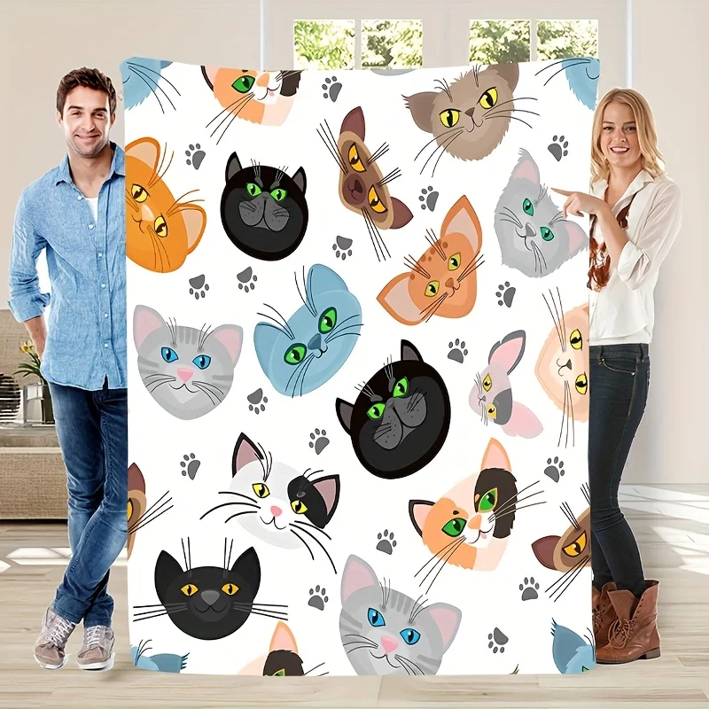 Modern Comfort Cartoon Cat Heads Print Flannel Blanket - Soft & Warm, Tear-Resistant Polyester, Ideal for Naps, Camping