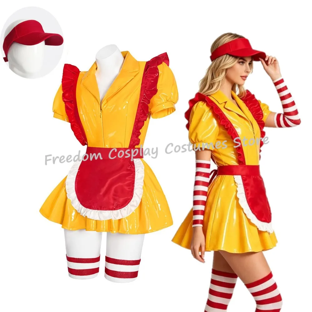 Women's Sexy Leather  Lingerie Maid Uniform Set Waitress Yellow Dress with Red Apron and Hat Halloween Cosplay Costume
