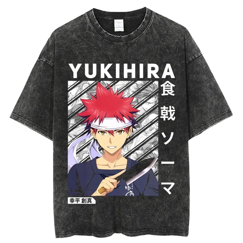 Hot  Shokugeki no Soma Men T Shirts Hip Hop Streetwear Washed Japanese Anime Digital Printing Oversize Tops Harajuku Cotton