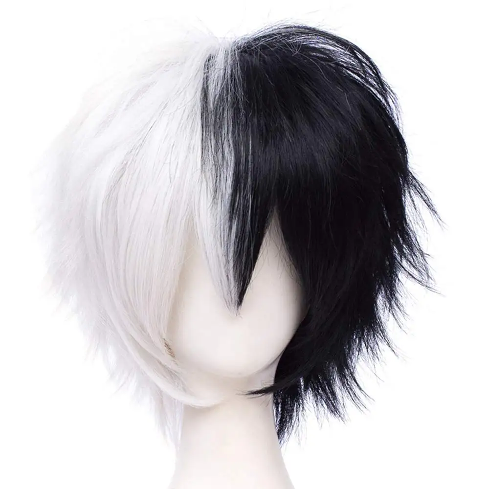 Max Beauty Unisex Anime Short Black and White Cosplay Wig With Bangs Heat Resistant Hair for Party and Halloween