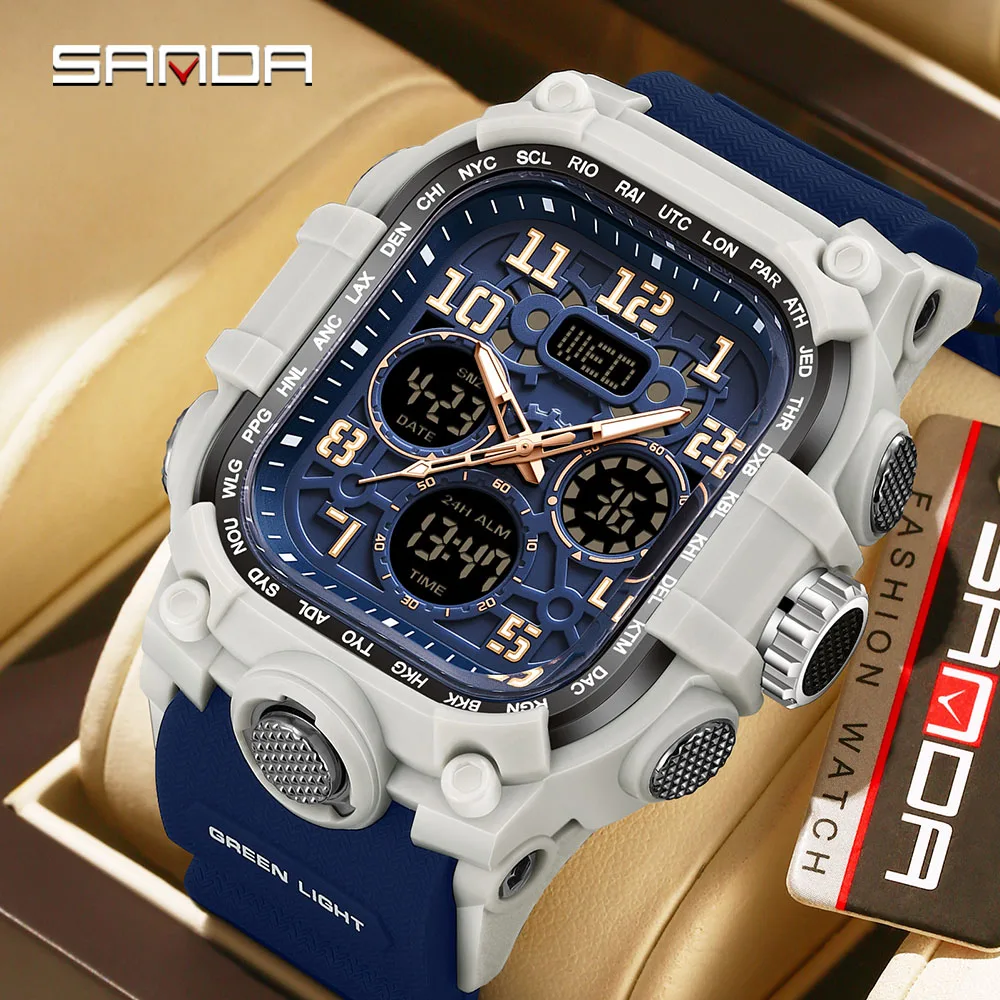 

SANDA 6357 Men's Outdoor Sport Wristwatch Big Dial Dual Display Luminous Waterproof TPU Band Chronograph Calendar Male Watch
