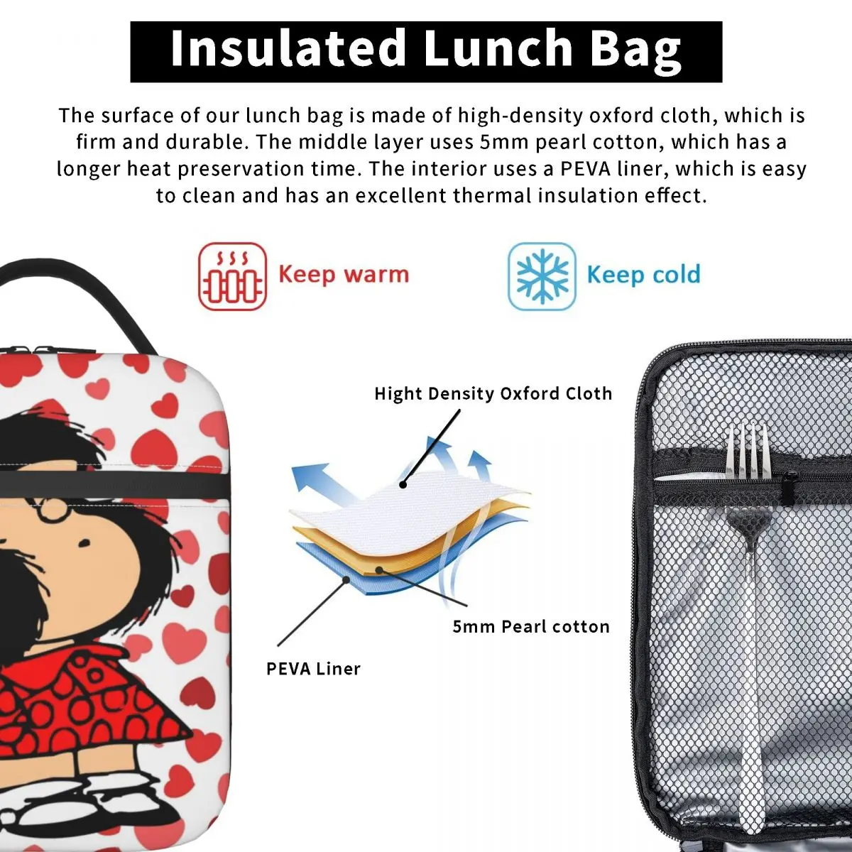 Mafalda-bolsas de almuerzo con aislamiento de corazón, contenedor de almuerzo portátil de dibujos animados de Amine, bolsa refrigeradora, fiambrera, Picnic universitario, hombres y mujeres