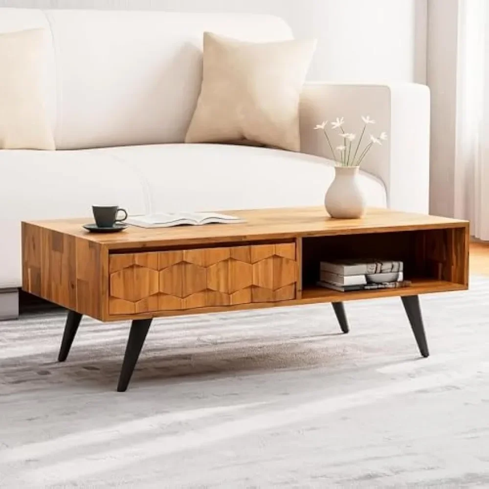 Georgina Solid Wood Coffee Tables for Living Room,Coffee Table Mid Century Modern with 2 Symmetrical Storage Drawers & Geometric