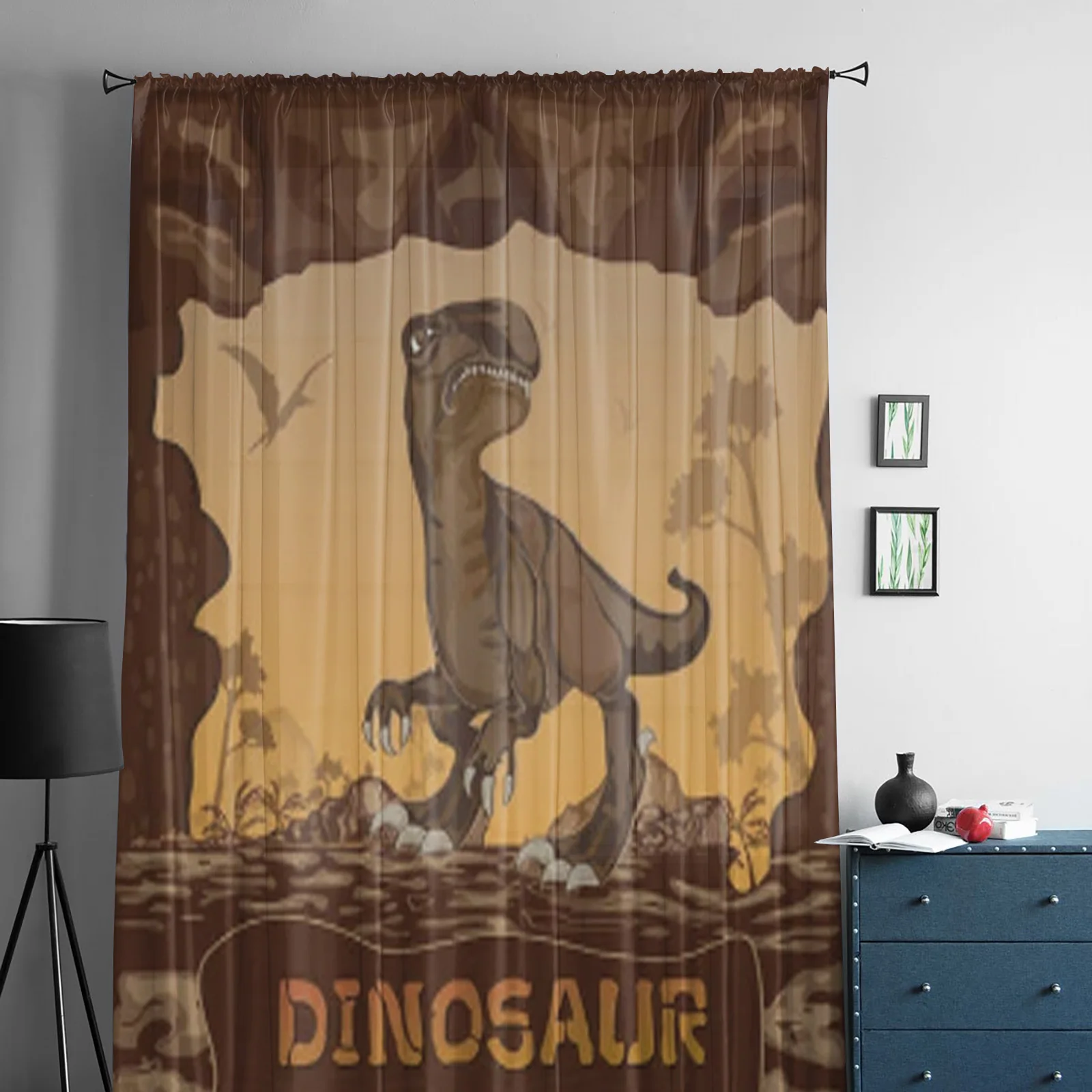 Dinosaur Fly Stone Illustration Sheer Tulle Curtain for Living Room Window Treatment Coffee Party Decor Balcony Drapes