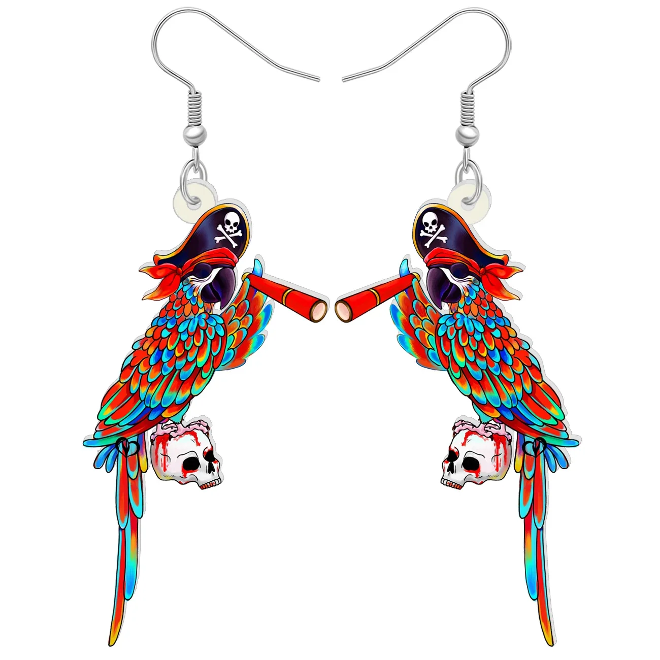 BONSNY Acrylic Halloween Pirate Macaws Skull Drop Dangle Earrings Fun Parrot Bird Jewelry Gifts For Women Girls