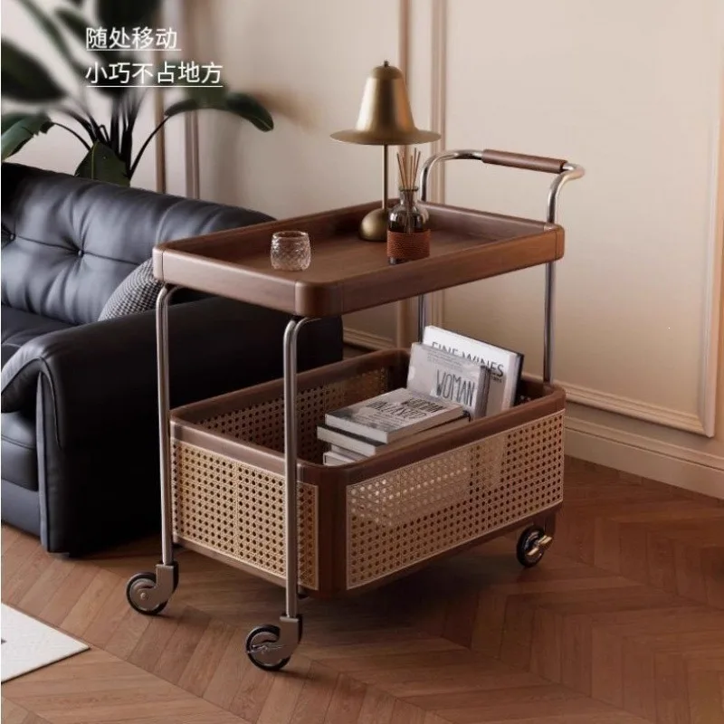 Solid wood mobile pulley edge few stainless steel storage medieval trolley
