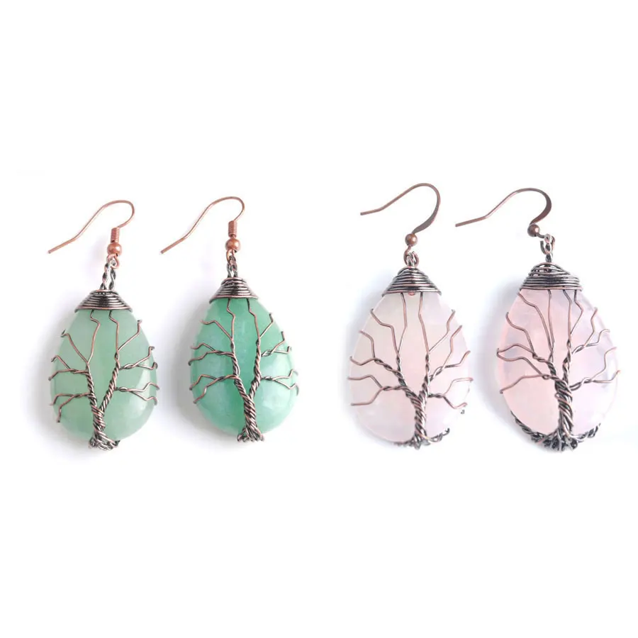 

1Pair Women Earrings Tree of Life Bronze Ancient Copper Wrap Wire Natural Gem stone Water Suspension Earrings BV910