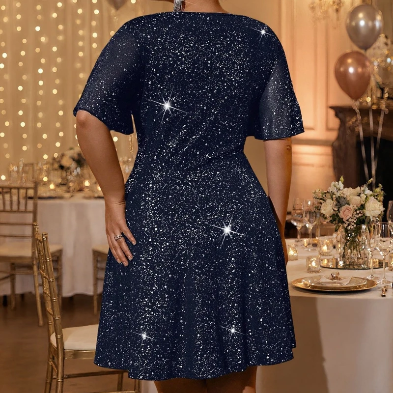 Elegant Women's Summer Plus Size Short Sleeve V-Neck Sprinkled Shiny Mini Dress Casual Print Holiday Beach Evening Party Dresses