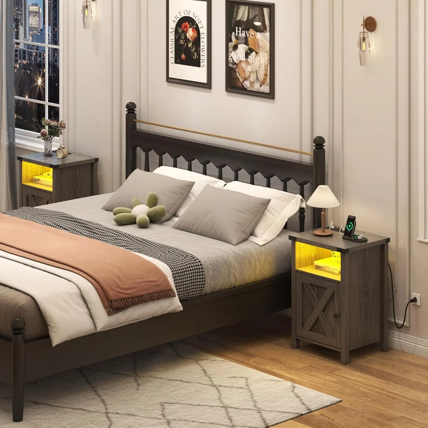 LED Nightstand Set of 2 with Charging Station, Rustic End Table with Barn Door & Shelf for Bedroom & Living Room, Customized - view 3