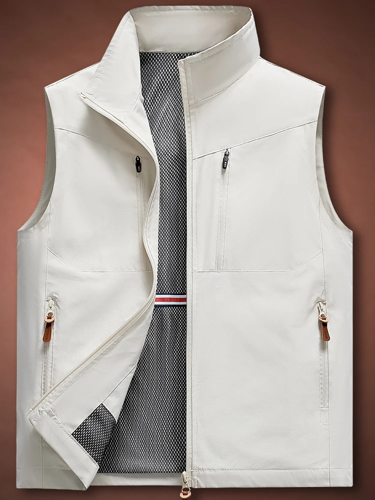 

Men's Spring Autumn Thin Stand Collar Outdoor Sports Workwear Vest Multiple kets Large Size Dad Clothes Faion Urban Sle