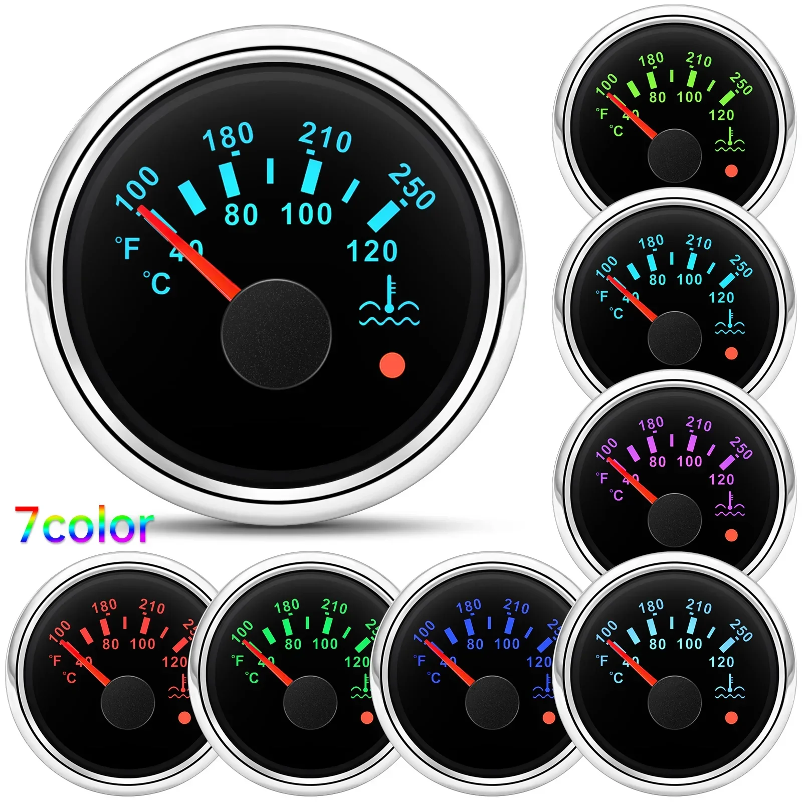 AD 52mm Water Temperature Gauge 7 Color Backlight 40~120℃ 100~250℉Water Temp Meter For Marine Boat Car Yacht 12V 24V Customized