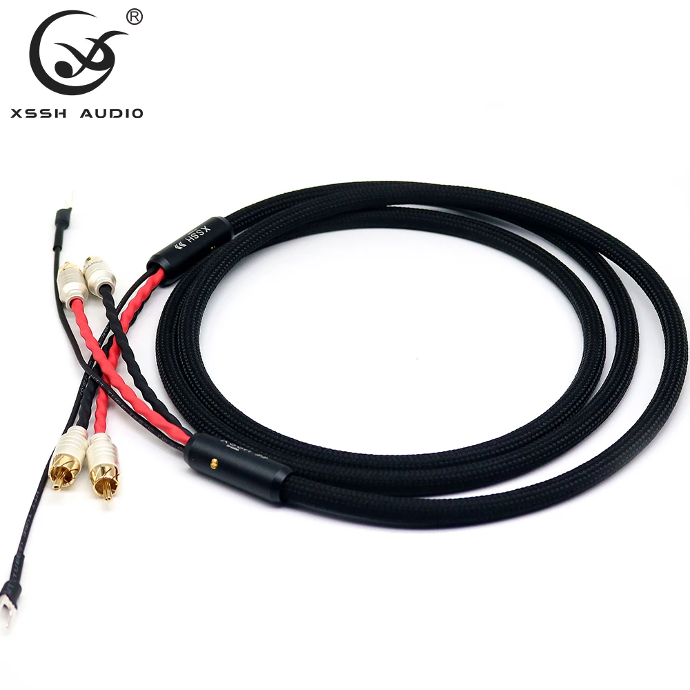 

XSSH DIY OEM 4 Core Pure Copper OFC Plated Silver Shield 2RCA to 2RCA Ground U Spade Ground Wire plug Audio Phono Tonearm Cable