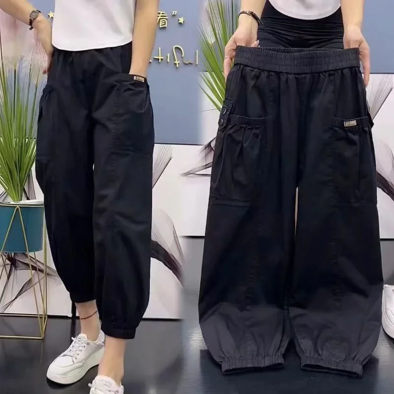 韓国ファッションハイウエストパンツ女性 2025 春の新作薄い無地カーゴパンツ女性ルースハーラン女性服
