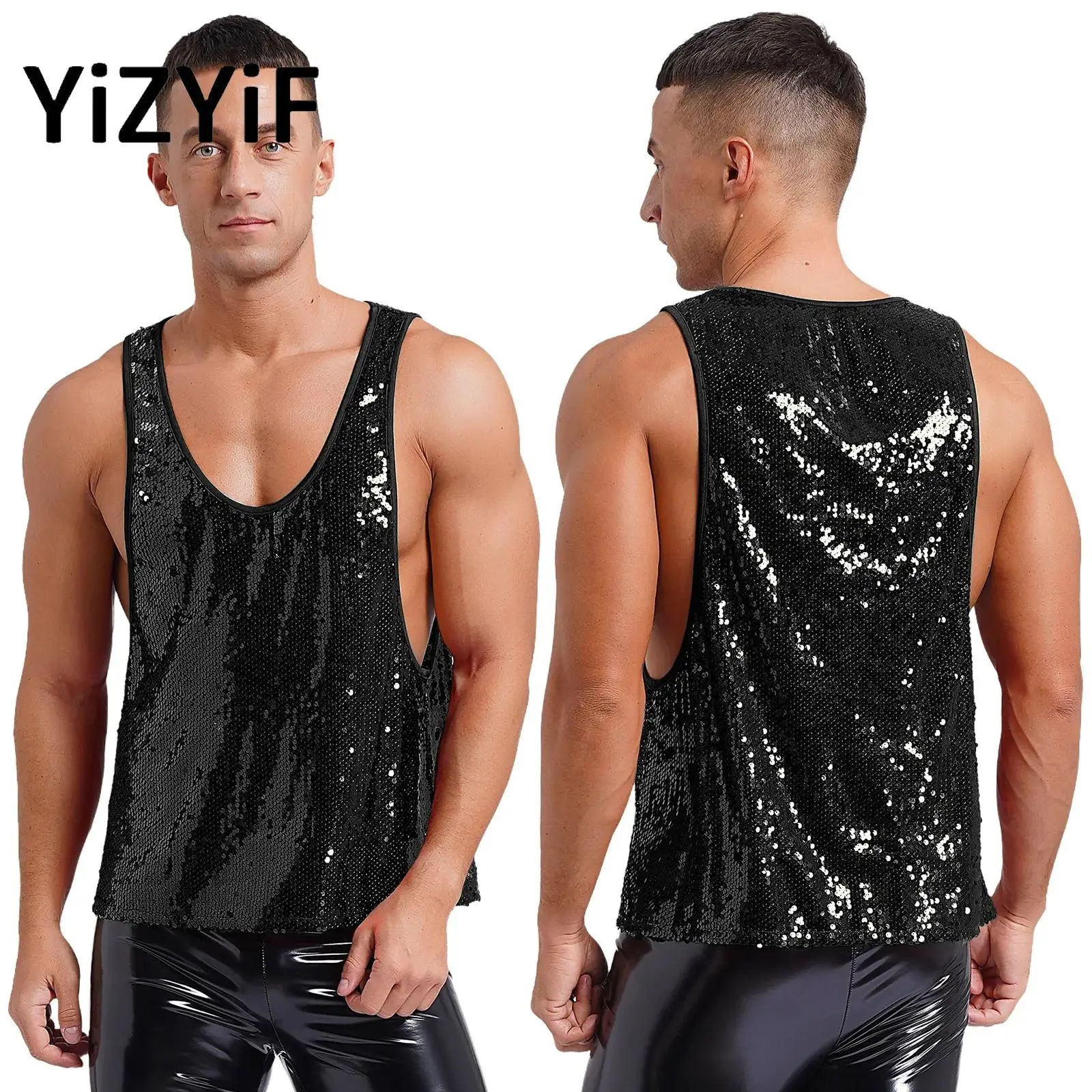 

Mens Sequin Loose Vest Top Low Crew Neck Sleeveless Tee T-shirts Nightclub Stage Performance Jazz Disco Daning Tops Clubwear