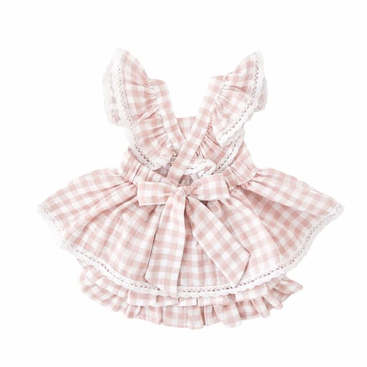 1 Set Summer Vintage Baby Girl Sleeveless Pink Plaid Dress Kid Ruffles Criss-Cross Dress Todder Children\'s Princess Dresses 4T