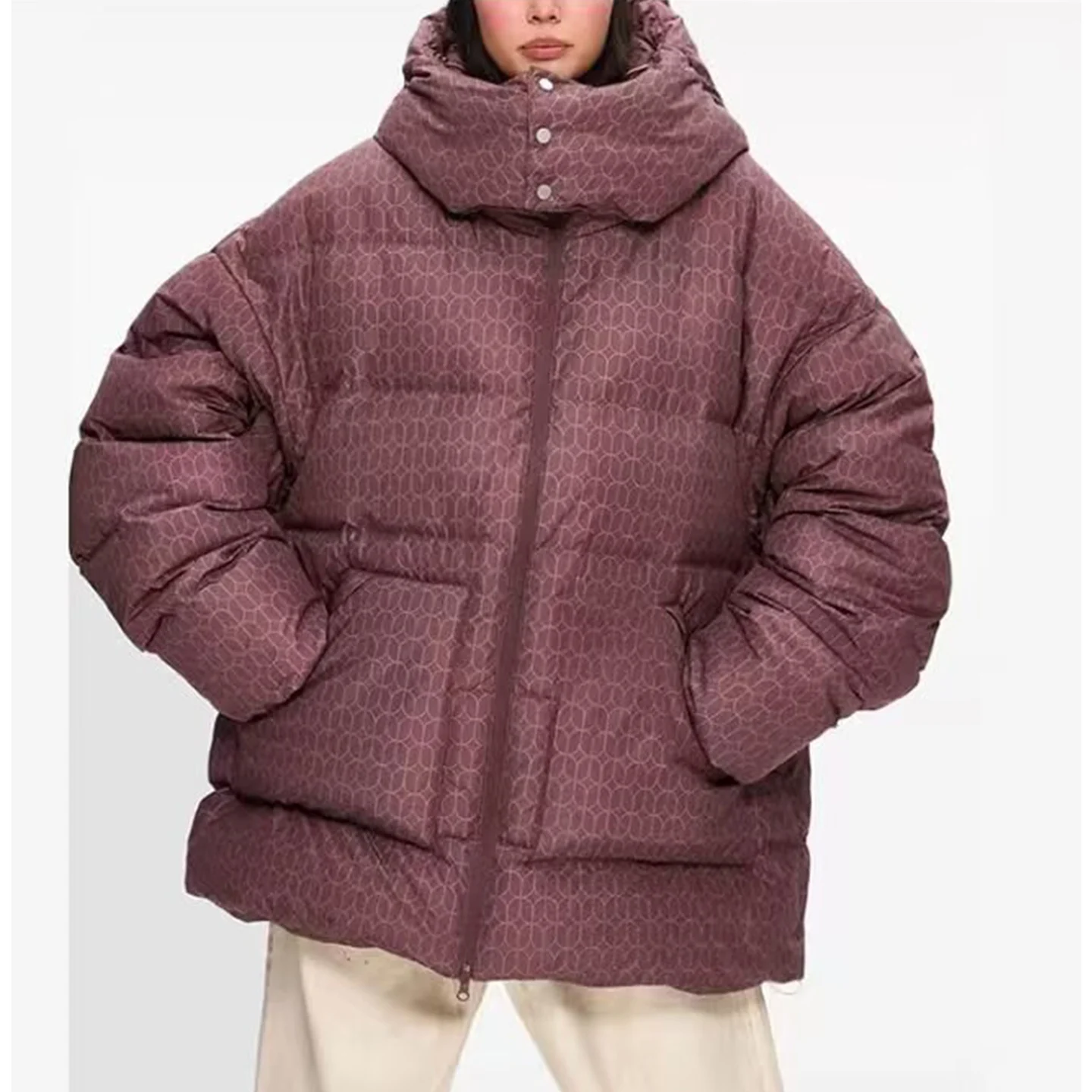 冬の新作 レディース カジュアル ロング丈 ジップアップ フード付き プリント コットン ジャケット コート ストレートカット 通勤 スタイリッシュ ミドル丈