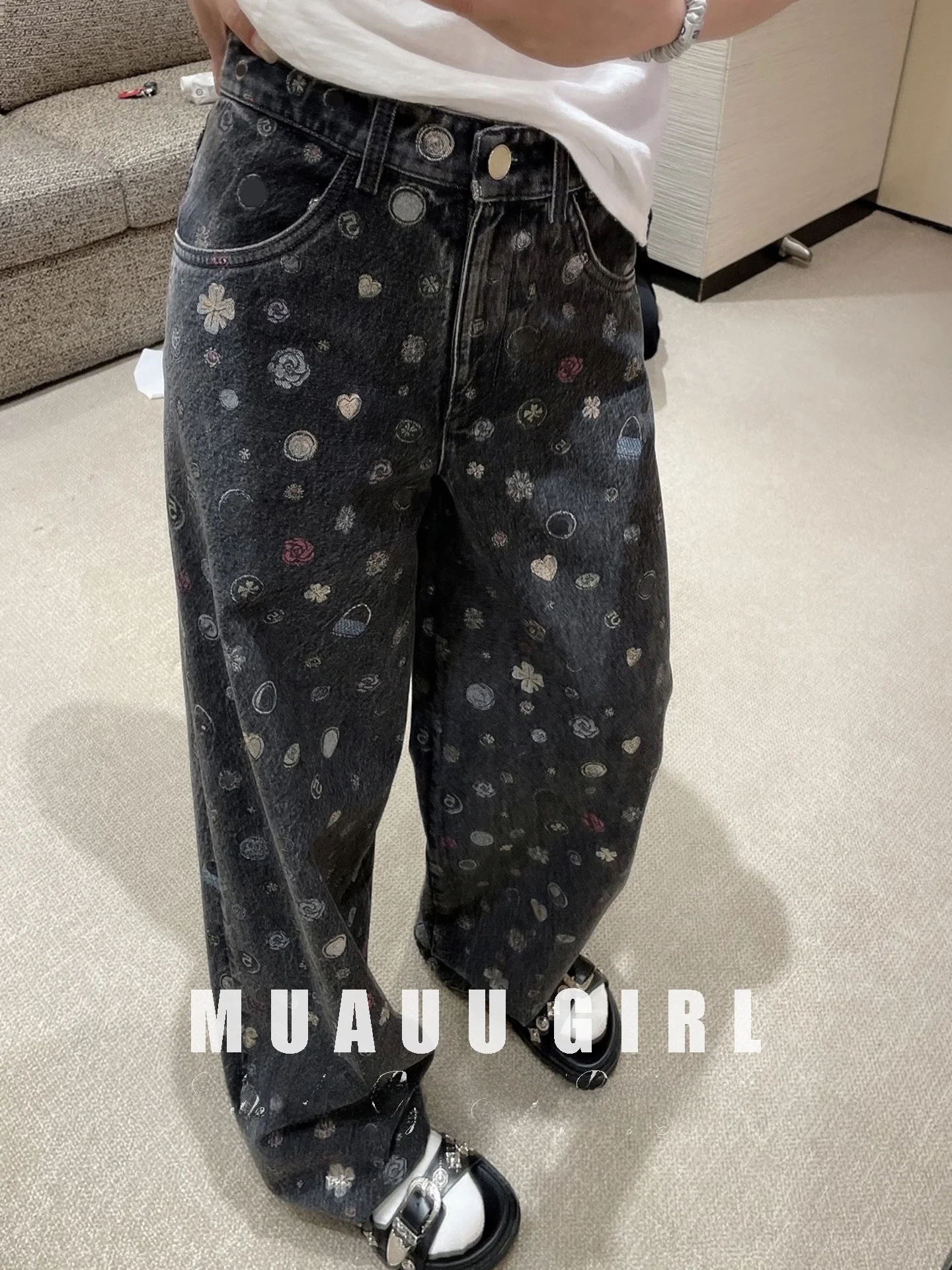 

Джинсы MUAUU GIRL с широкими штанинами, длиной в пол, с граффити-принтом, из хлопка со стрейчем, с высокой талией, свободного кроя, для женщин, зимний сезон