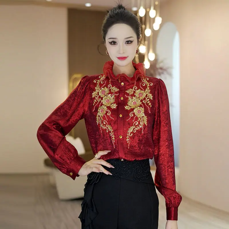 

Новая женская блузка с длинными рукавами в китайском стиле, красная вышитая бисером, новинка 2025, весенне-осенний элегантный топ