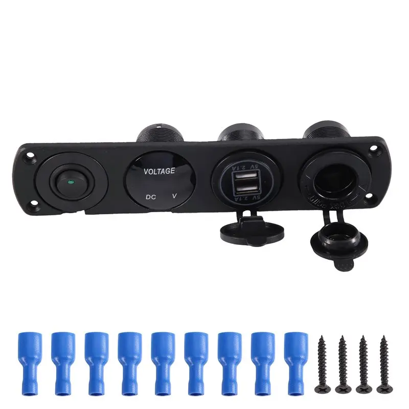 【Top Sale !!】LED Voltmeter 12V Dual USB Socket 4 In 1 Marine Switch Panel Cigarette Lighter Socket On/Off Button Control