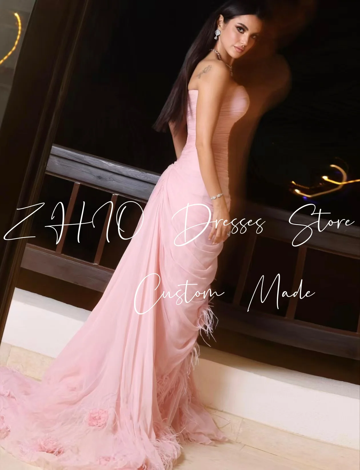 ชุดราตรีหรูหรา ZHIO ประดับขนนก สายเดี่ยว ทรงเอไลน์ ชายกระโปรงยาวแบบลากพื้น สำหรับงานพิเศษ งานเลี้ยง งานพรอม  สามารถสั่งตัดได้