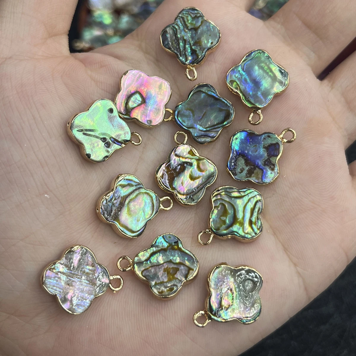 1pc 14x14mm Natural Abalone Shell Clover Charm Rainbow Paua Shell Pendant Boho Lucky Four Leaf Clover Jewelry Making Supplies