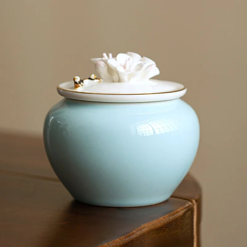 Elegant Ceramic Pet Urn, Lotus Flower Lid , Sealed Pet Ashes Hair Teeth Storage Jar, Dog Loss Keepsake Memorial Container Cat
