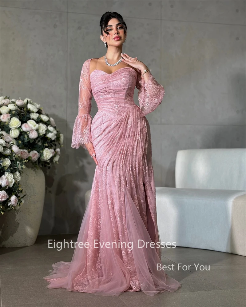 Eightree Sexy Dubai Evening Party Dress Pink Full Lace Mermaid Prom Gowns Saudi Arabia Long Illusion Wedding Guest Dresses